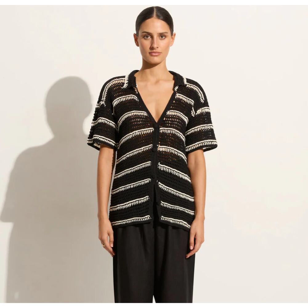 NWT Faithfull The Brand Gioia Crochet Shirt Top Black Off White Size S/M